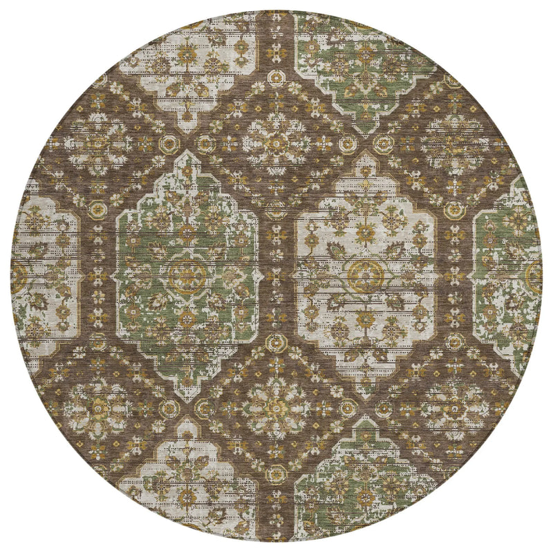 8' Chocolate And Brown Round Damask Washable Indoor Outdoor Area Rug Homeroots Outdoor