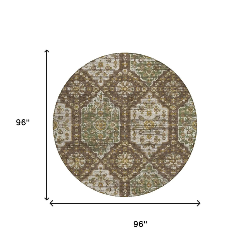 8' Chocolate And Brown Round Damask Washable Indoor Outdoor Area Rug Homeroots Outdoor