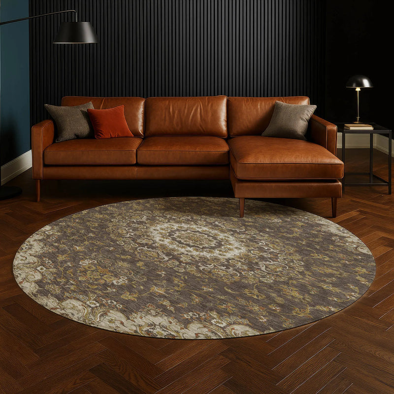 8' Chocolate And Brown Round Floral Medallion Washable Indoor Outdoor Area Rug Homeroots Outdoor