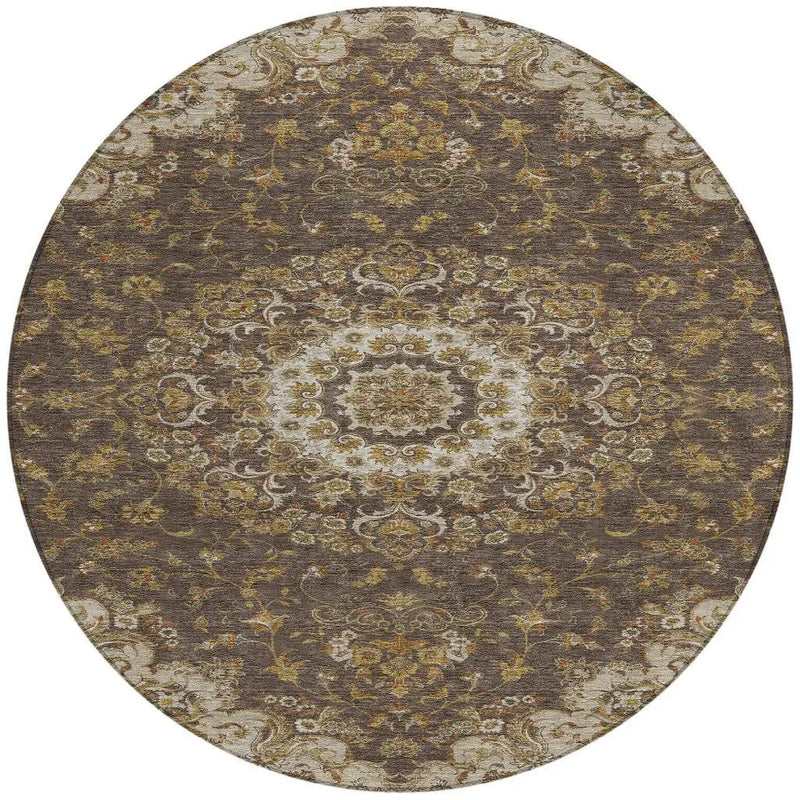 8' Chocolate And Brown Round Floral Medallion Washable Indoor Outdoor Area Rug Homeroots Outdoor