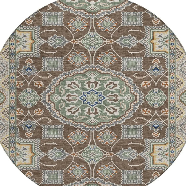 8' Chocolate And Brown Round Floral Medallion Washable Indoor Outdoor Area Rug Homeroots Outdoor