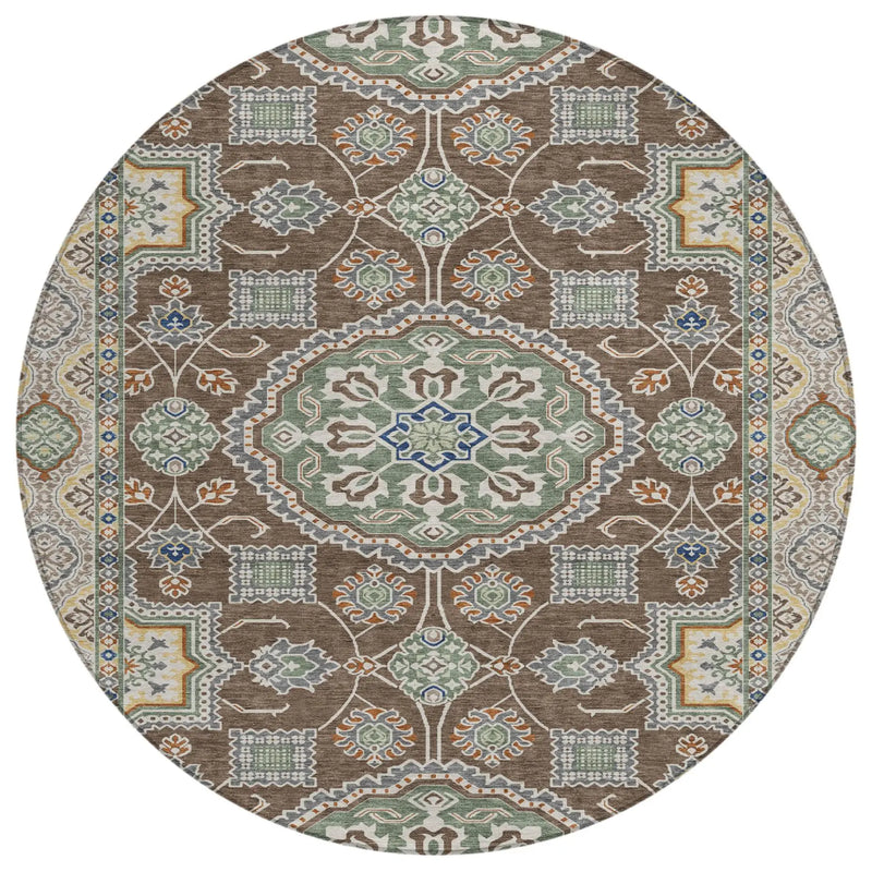 8' Chocolate And Brown Round Floral Medallion Washable Indoor Outdoor Area Rug Homeroots Outdoor