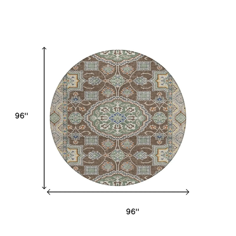 8' Chocolate And Brown Round Floral Medallion Washable Indoor Outdoor Area Rug Homeroots Outdoor