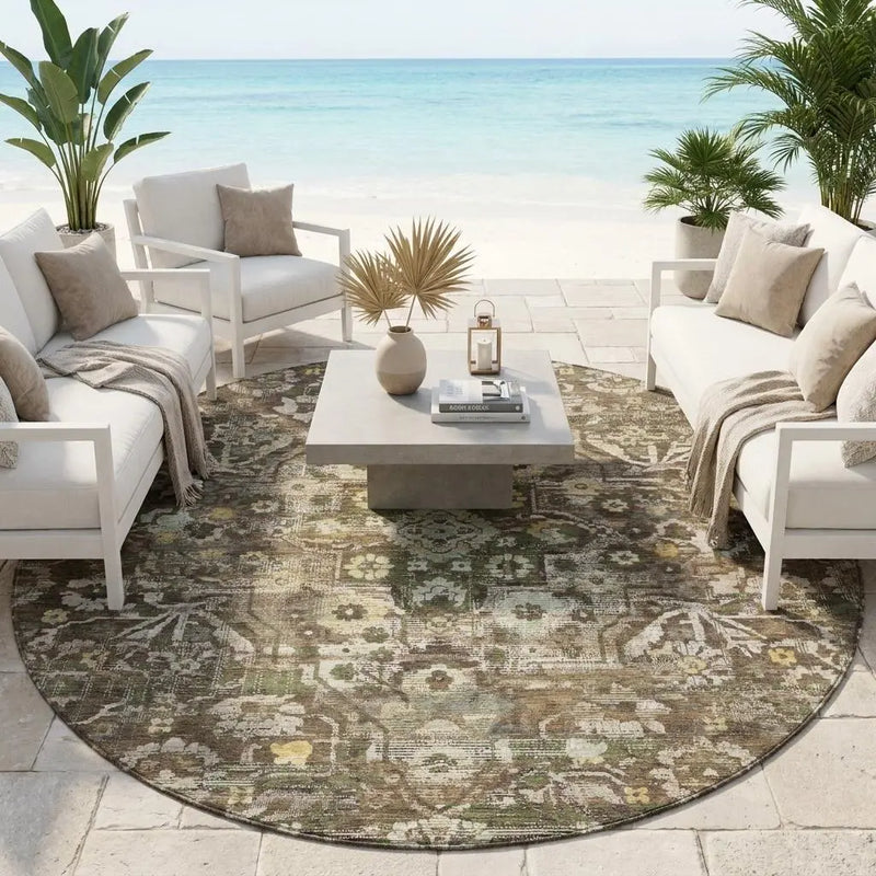 8' Chocolate And Brown Round Floral Medallion Washable Indoor Outdoor Area Rug Homeroots Outdoor