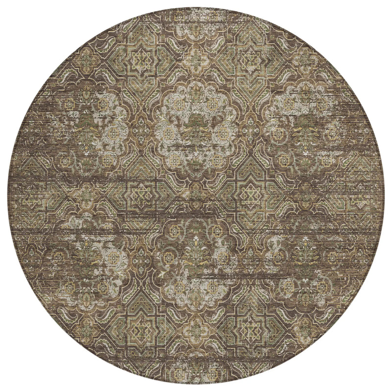 8' Chocolate And Brown Round Floral Washable Indoor Outdoor Area Rug Homeroots Outdoor