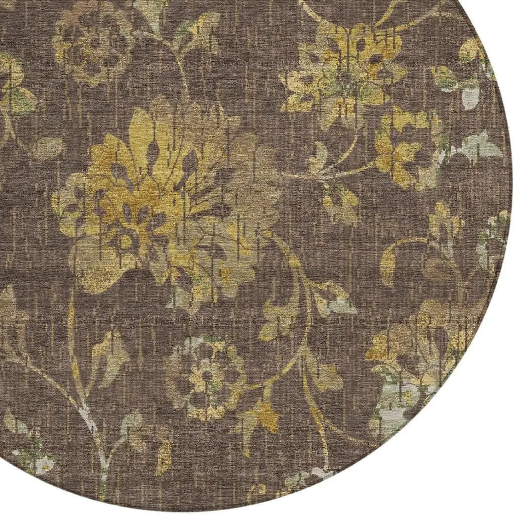 8' Chocolate And Brown Round Floral Washable Indoor Outdoor Area Rug Homeroots Outdoor