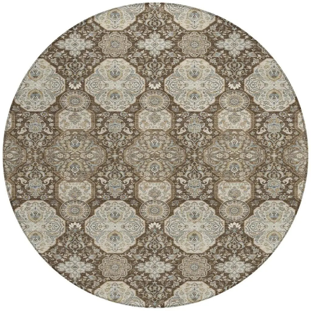 8' Chocolate And Brown Round Floral Washable Indoor Outdoor Area Rug Homeroots Outdoor