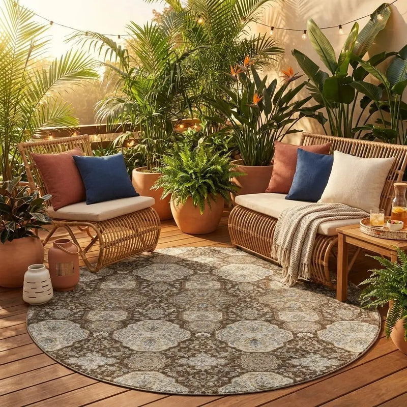 8' Chocolate And Brown Round Floral Washable Indoor Outdoor Area Rug Homeroots Outdoor