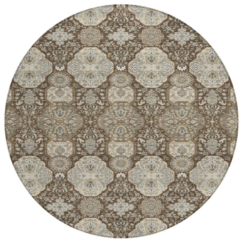 8' Chocolate And Brown Round Floral Washable Indoor Outdoor Area Rug Homeroots Outdoor