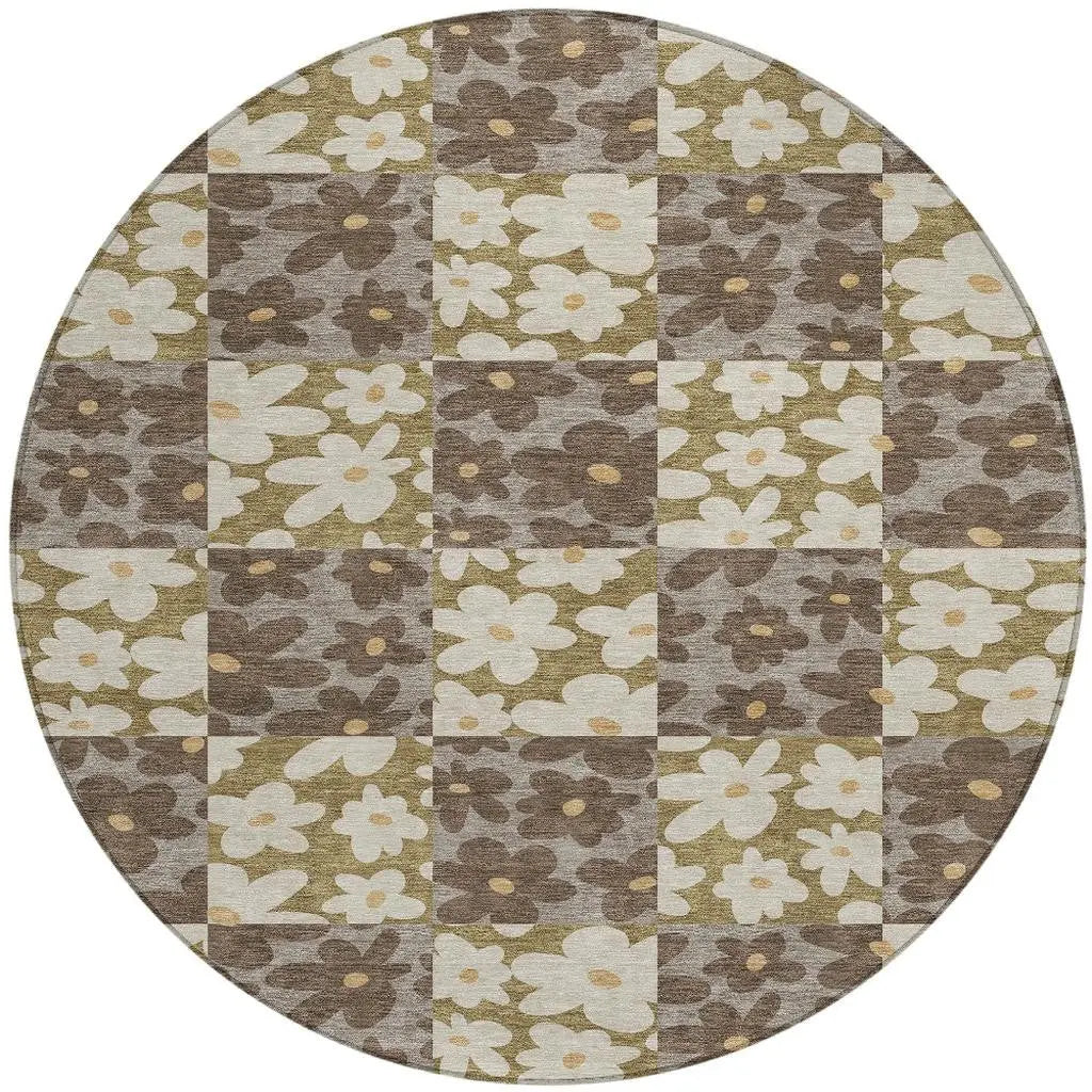 8' Chocolate And Brown Round Floral Washable Indoor Outdoor Area Rug Homeroots Outdoor