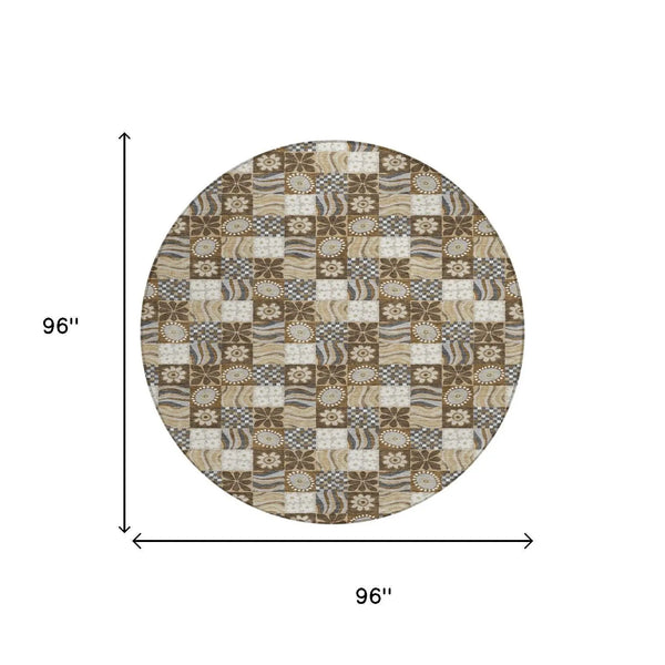 8' Chocolate And Brown Round Floral Washable Indoor Outdoor Area Rug Homeroots Outdoor