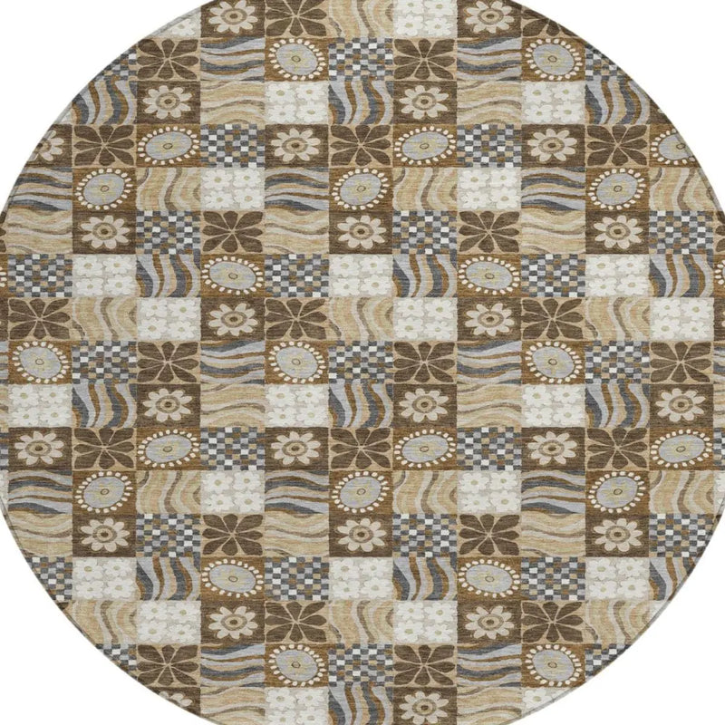 8' Chocolate And Brown Round Floral Washable Indoor Outdoor Area Rug Homeroots Outdoor