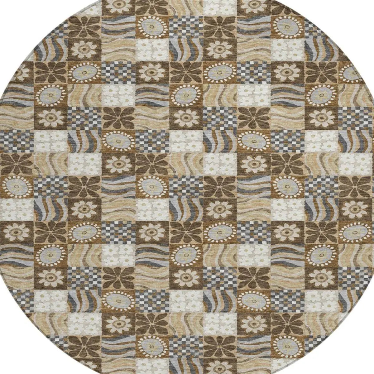 8' Chocolate And Brown Round Floral Washable Indoor Outdoor Area Rug Homeroots Outdoor