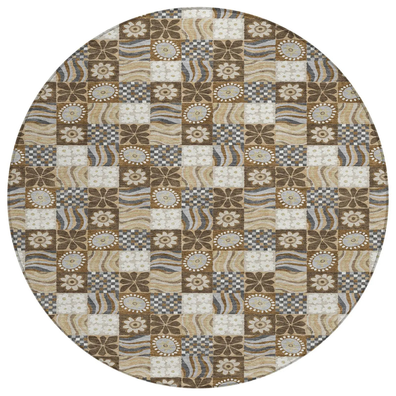 8' Chocolate And Brown Round Floral Washable Indoor Outdoor Area Rug Homeroots Outdoor