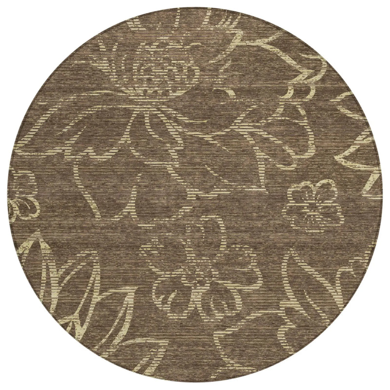 8' Chocolate And Brown Round Floral Washable Indoor Outdoor Area Rug Homeroots Outdoor