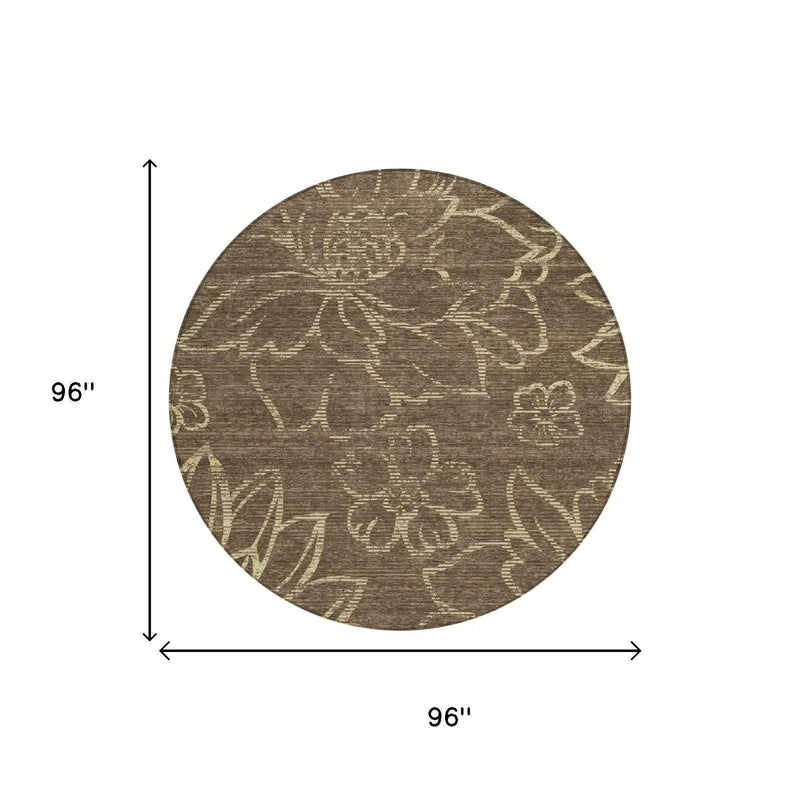 8' Chocolate And Brown Round Floral Washable Indoor Outdoor Area Rug Homeroots Outdoor