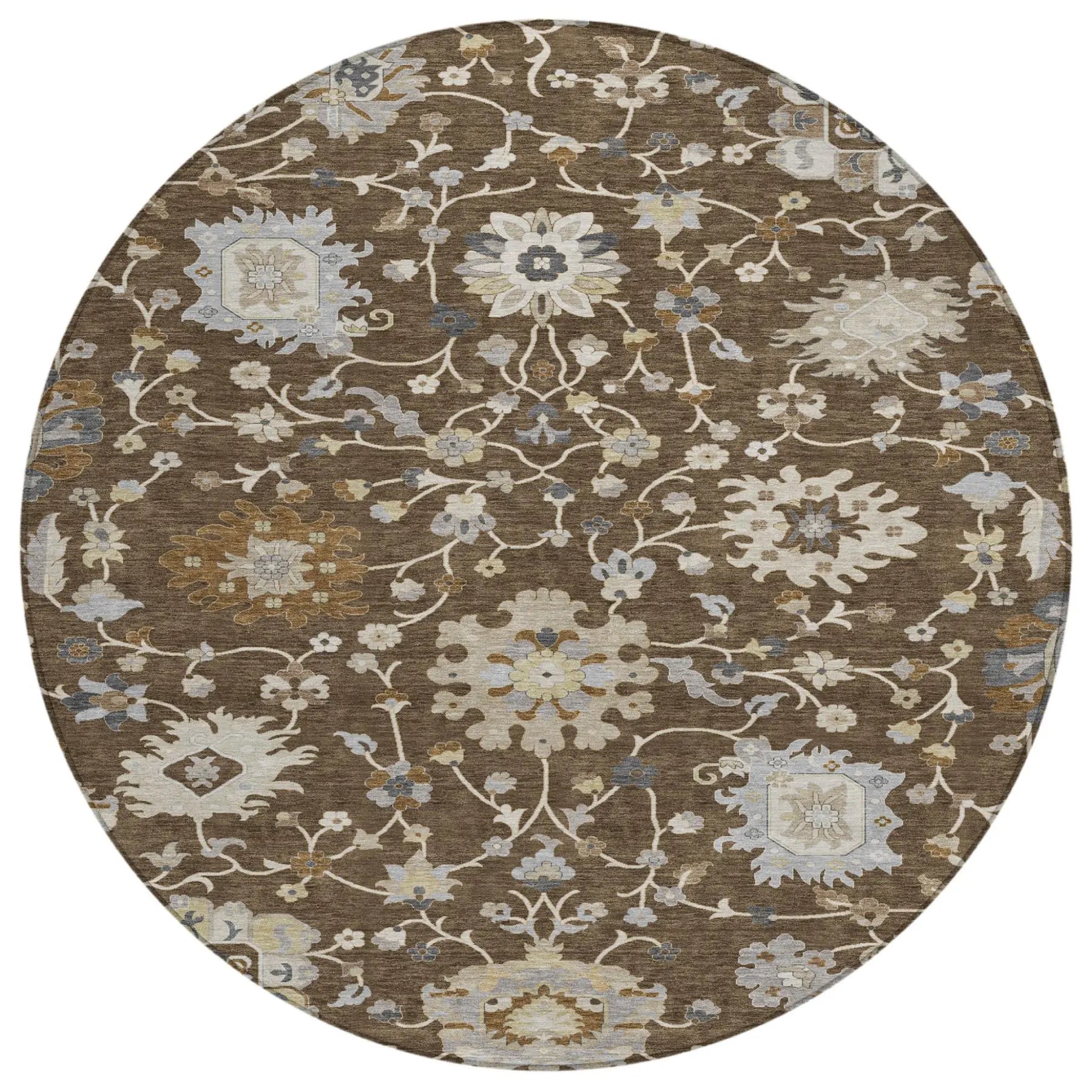 8' Chocolate And Brown Round Floral Washable Indoor Outdoor Area Rug Homeroots Outdoor