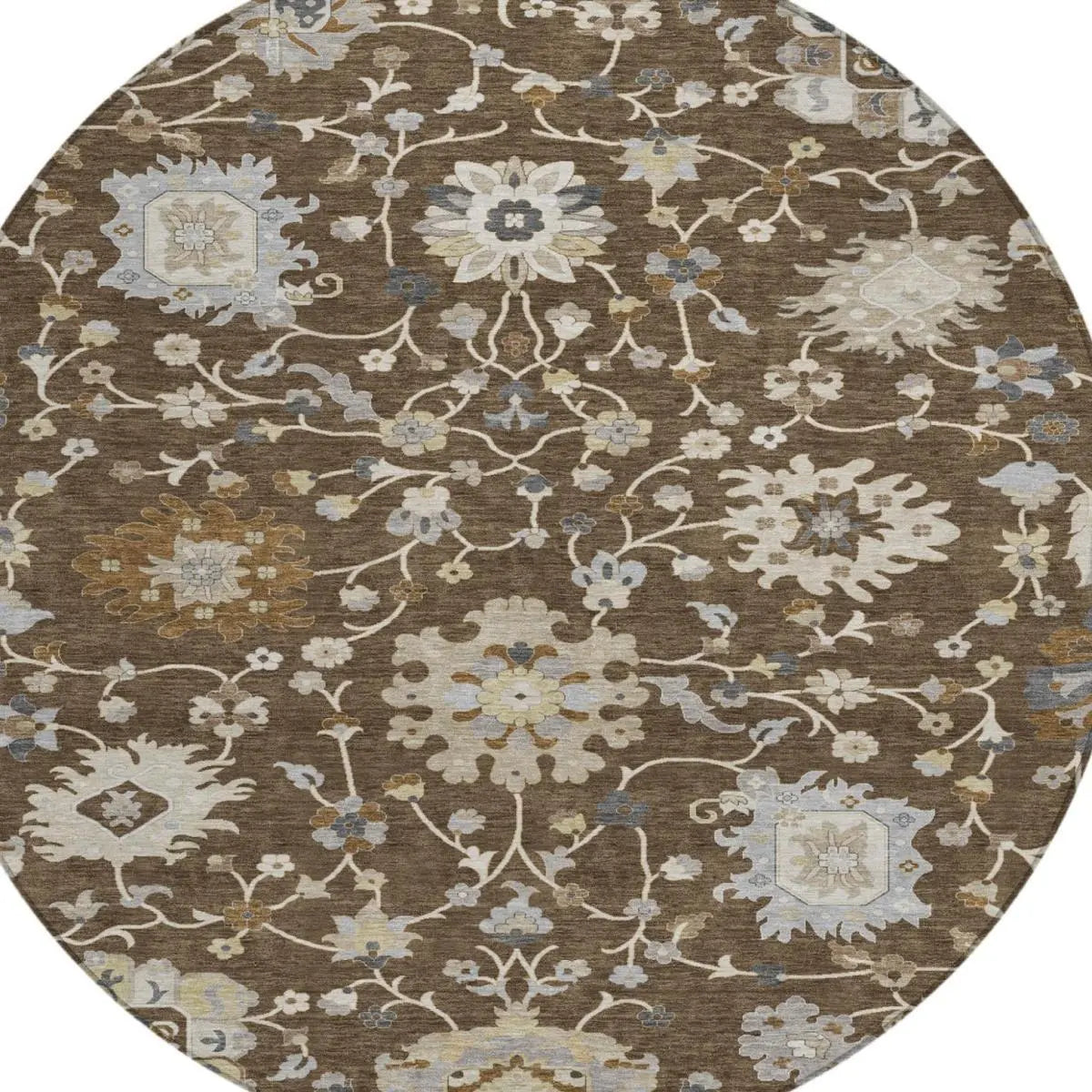 8' Chocolate And Brown Round Floral Washable Indoor Outdoor Area Rug Homeroots Outdoor