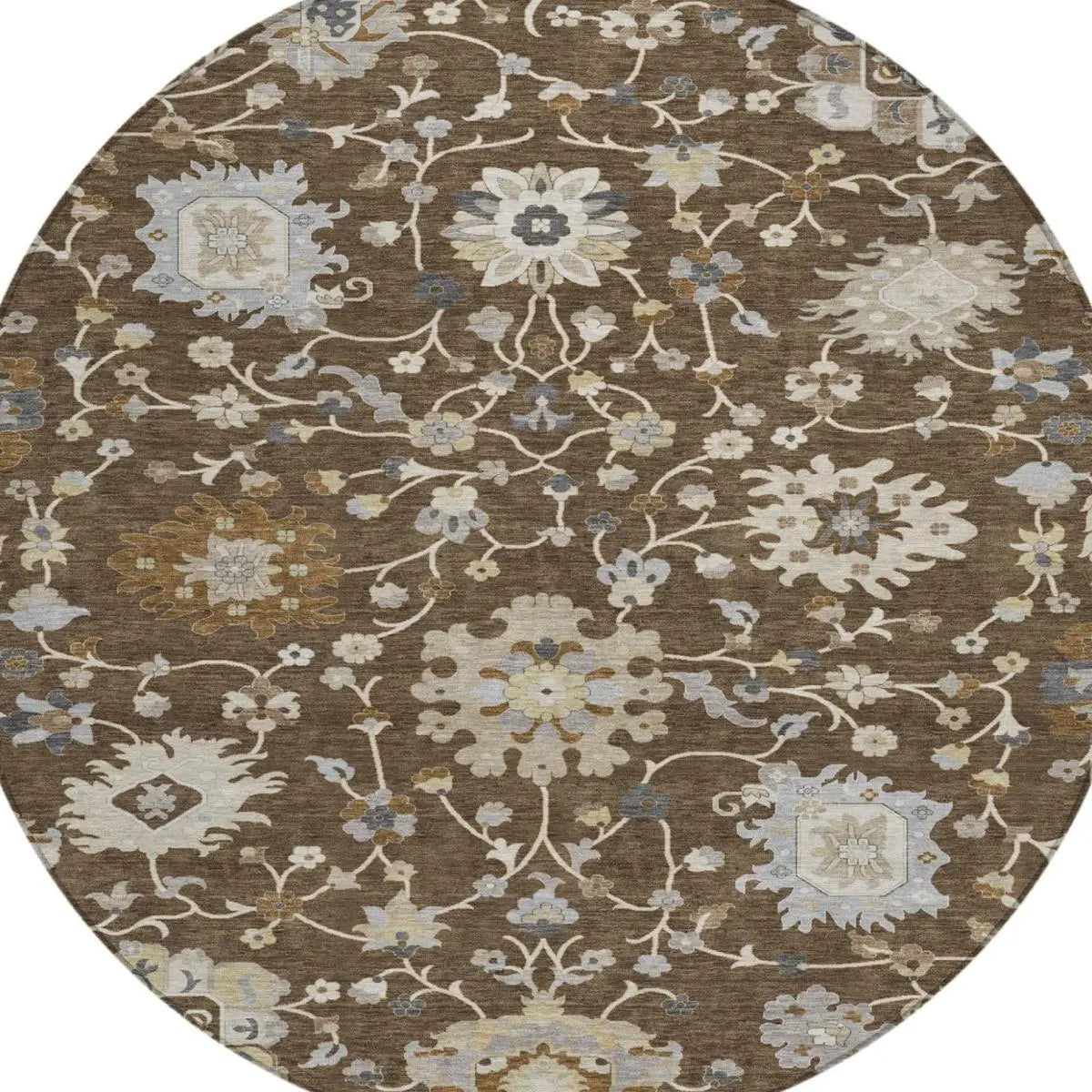 8' Chocolate And Brown Round Floral Washable Indoor Outdoor Area Rug Homeroots Outdoor
