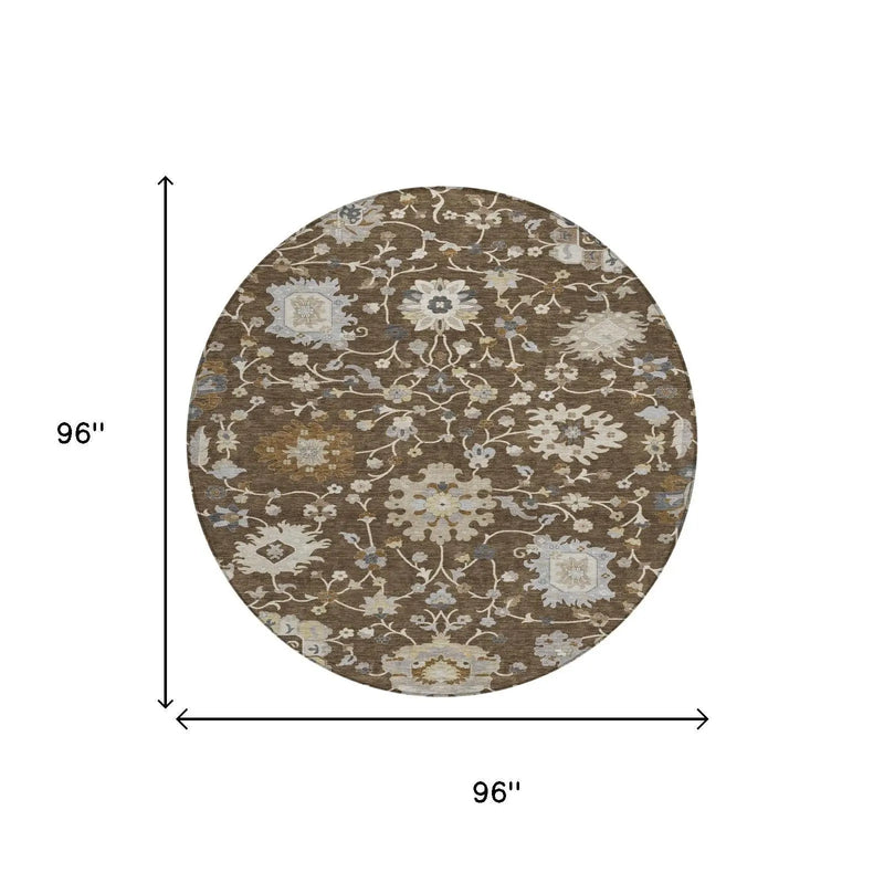 8' Chocolate And Brown Round Floral Washable Indoor Outdoor Area Rug Homeroots Outdoor