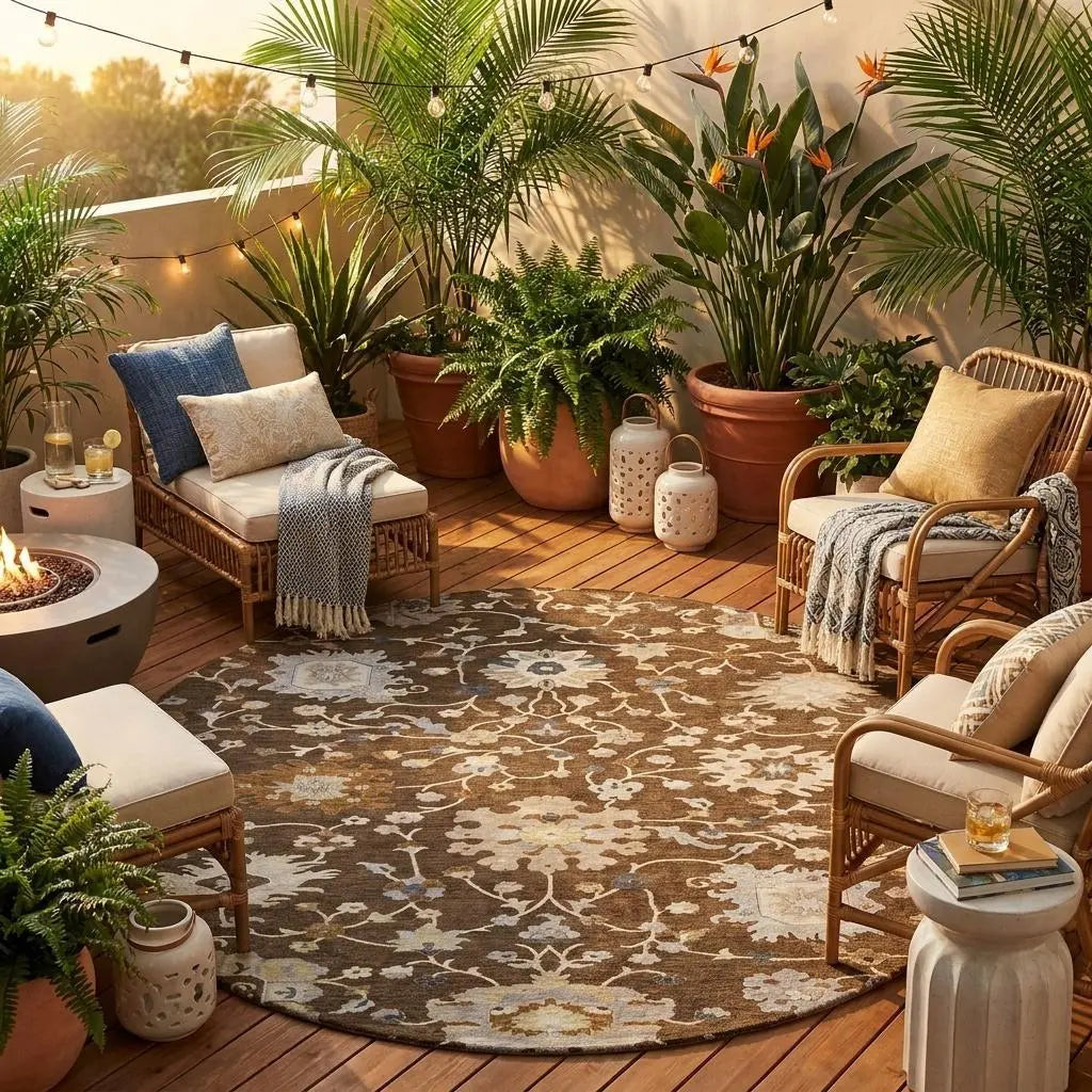 8' Chocolate And Brown Round Floral Washable Indoor Outdoor Area Rug Homeroots Outdoor