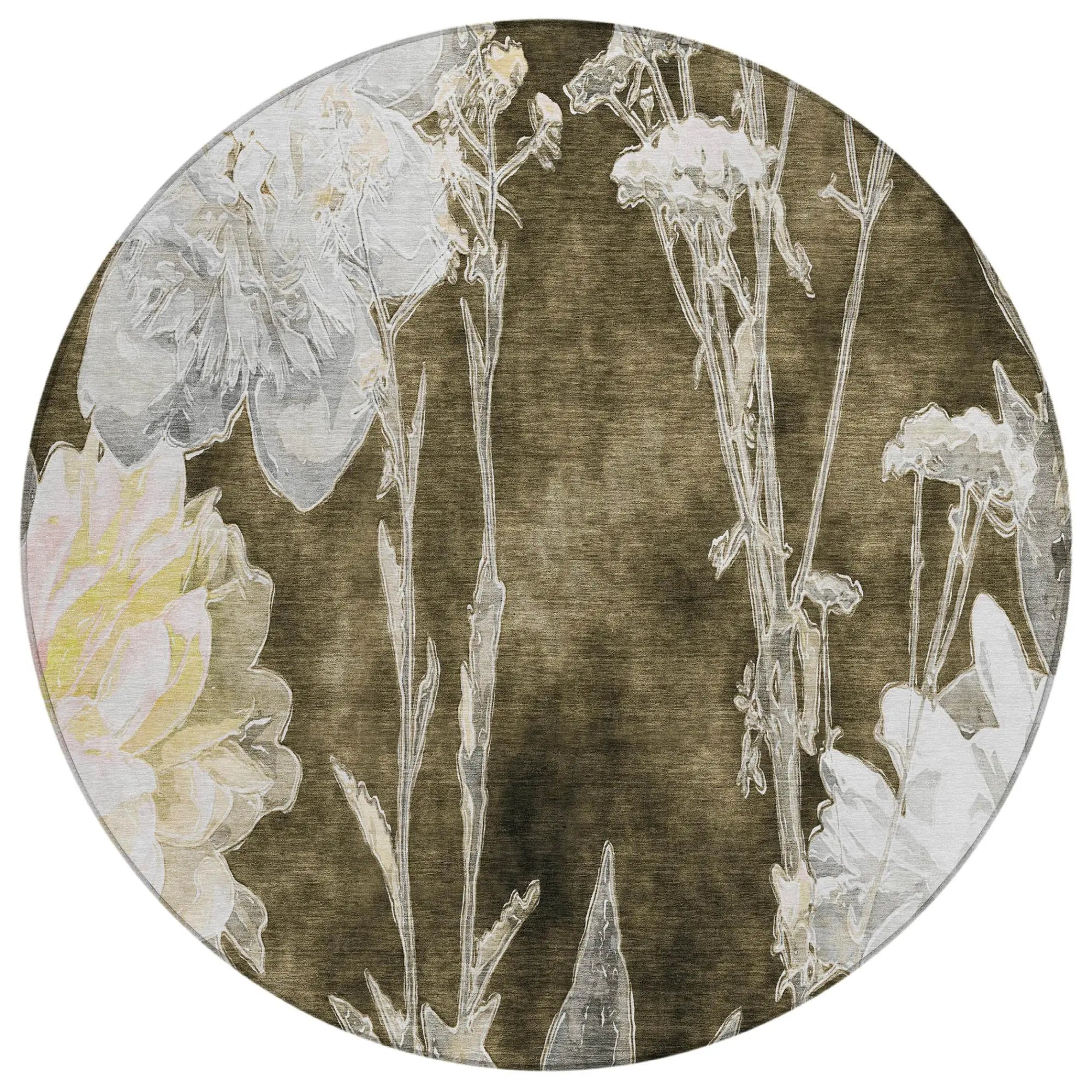8' Chocolate And Brown Round Floral Washable Indoor Outdoor Area Rug Homeroots Outdoor