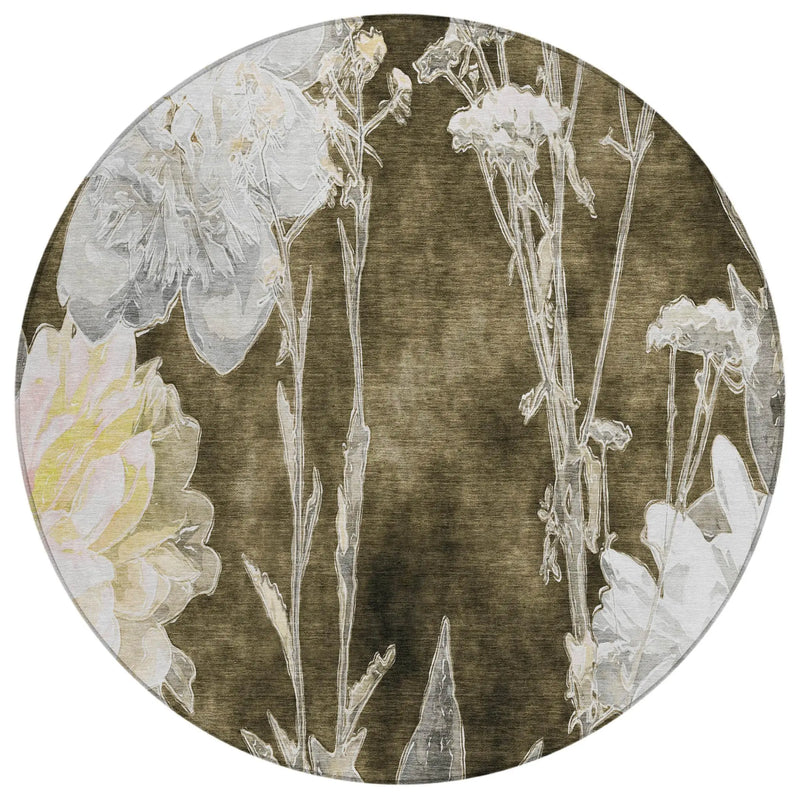 8' Chocolate And Brown Round Floral Washable Indoor Outdoor Area Rug Homeroots Outdoor