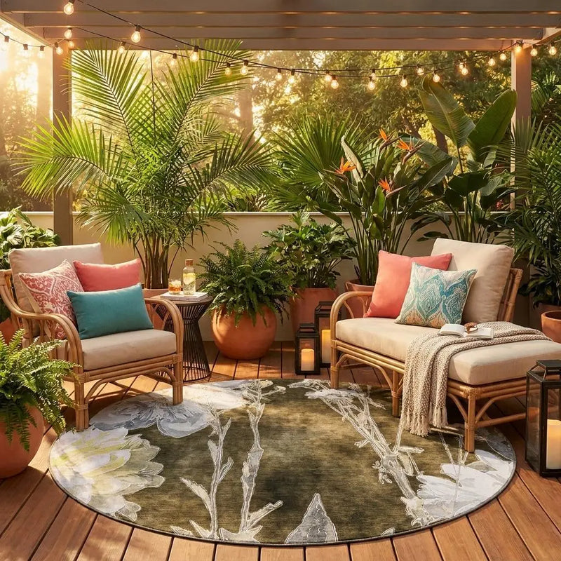 8' Chocolate And Brown Round Floral Washable Indoor Outdoor Area Rug Homeroots Outdoor