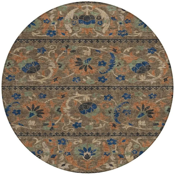8' Chocolate And Brown Round Floral Washable Indoor Outdoor Area Rug Homeroots Outdoor