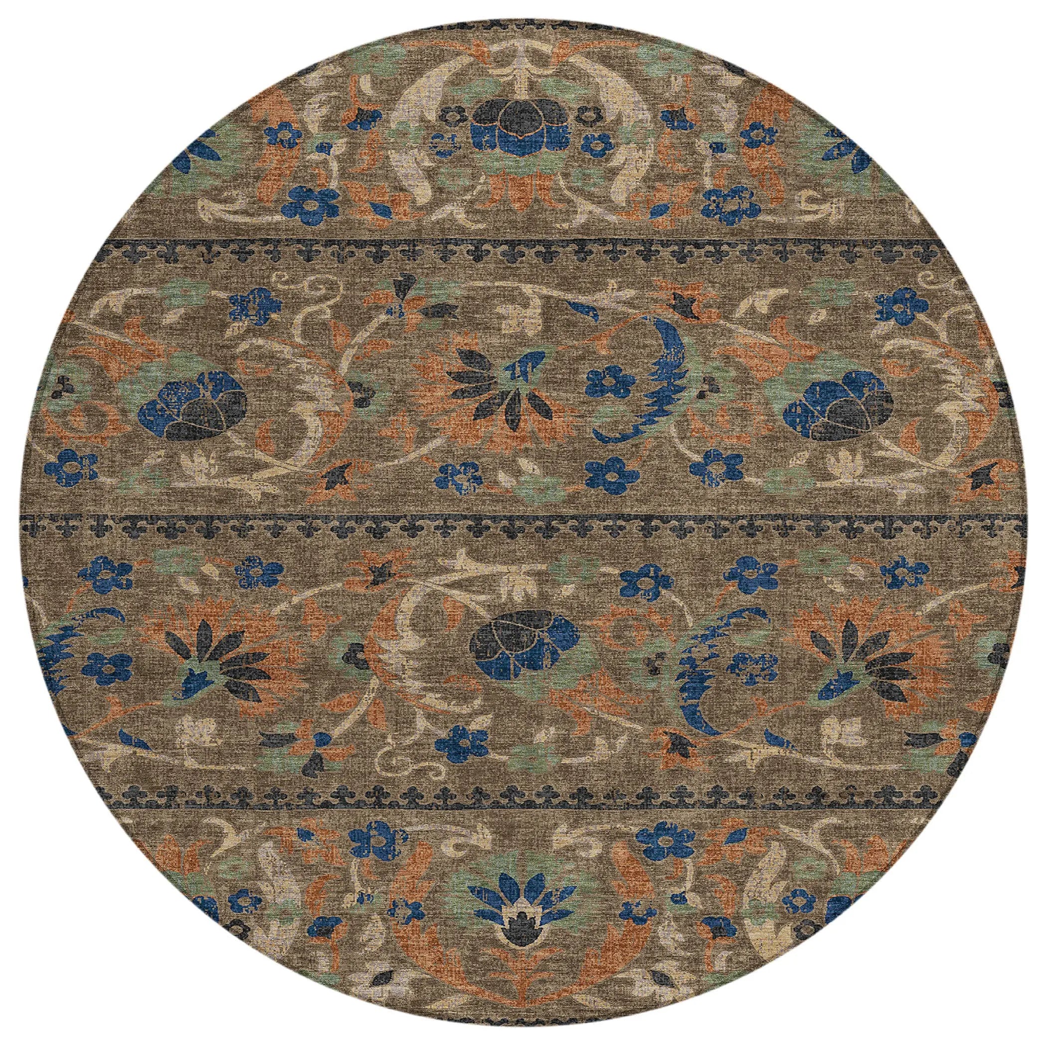 8' Chocolate And Brown Round Floral Washable Indoor Outdoor Area Rug Homeroots Outdoor
