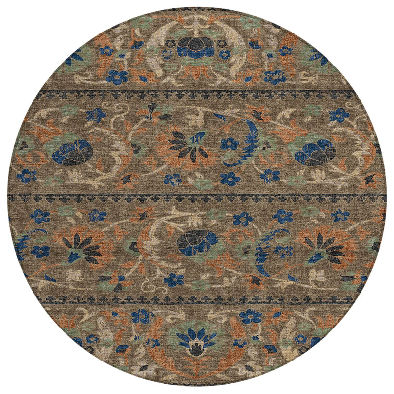 8' Chocolate And Brown Round Floral Washable Indoor Outdoor Area Rug Homeroots Outdoor