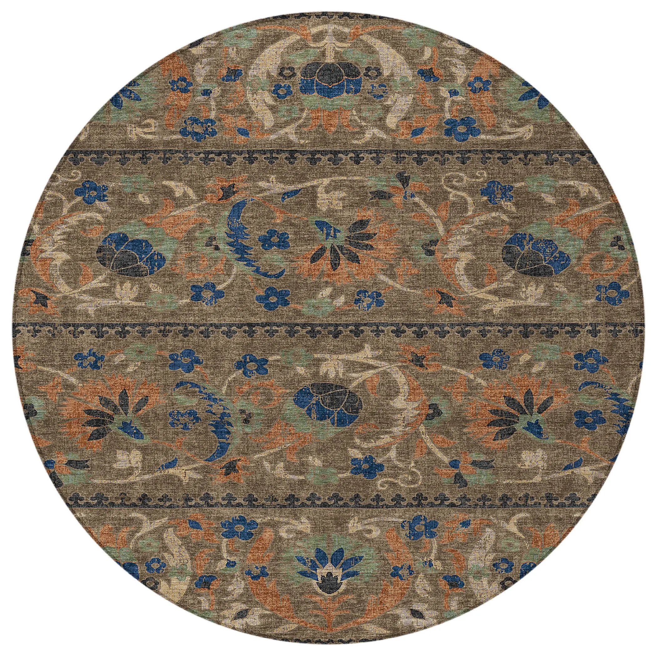 8' Chocolate And Brown Round Floral Washable Indoor Outdoor Area Rug Homeroots Outdoor