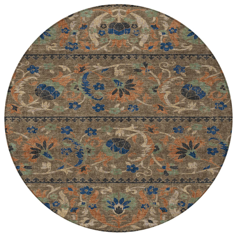 8' Chocolate And Brown Round Floral Washable Indoor Outdoor Area Rug Homeroots Outdoor