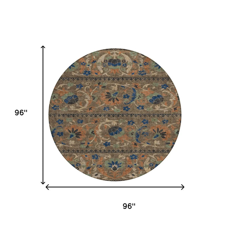 8' Chocolate And Brown Round Floral Washable Indoor Outdoor Area Rug Homeroots Outdoor