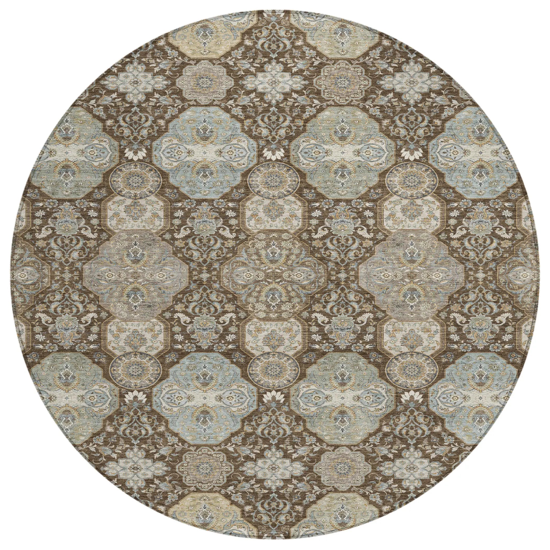 8' Chocolate And Brown Round Floral Washable Indoor Outdoor Area Rug Homeroots Outdoor