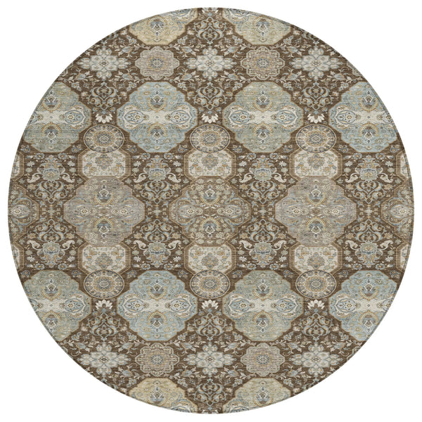 8' Chocolate And Brown Round Floral Washable Indoor Outdoor Area Rug Homeroots Outdoor