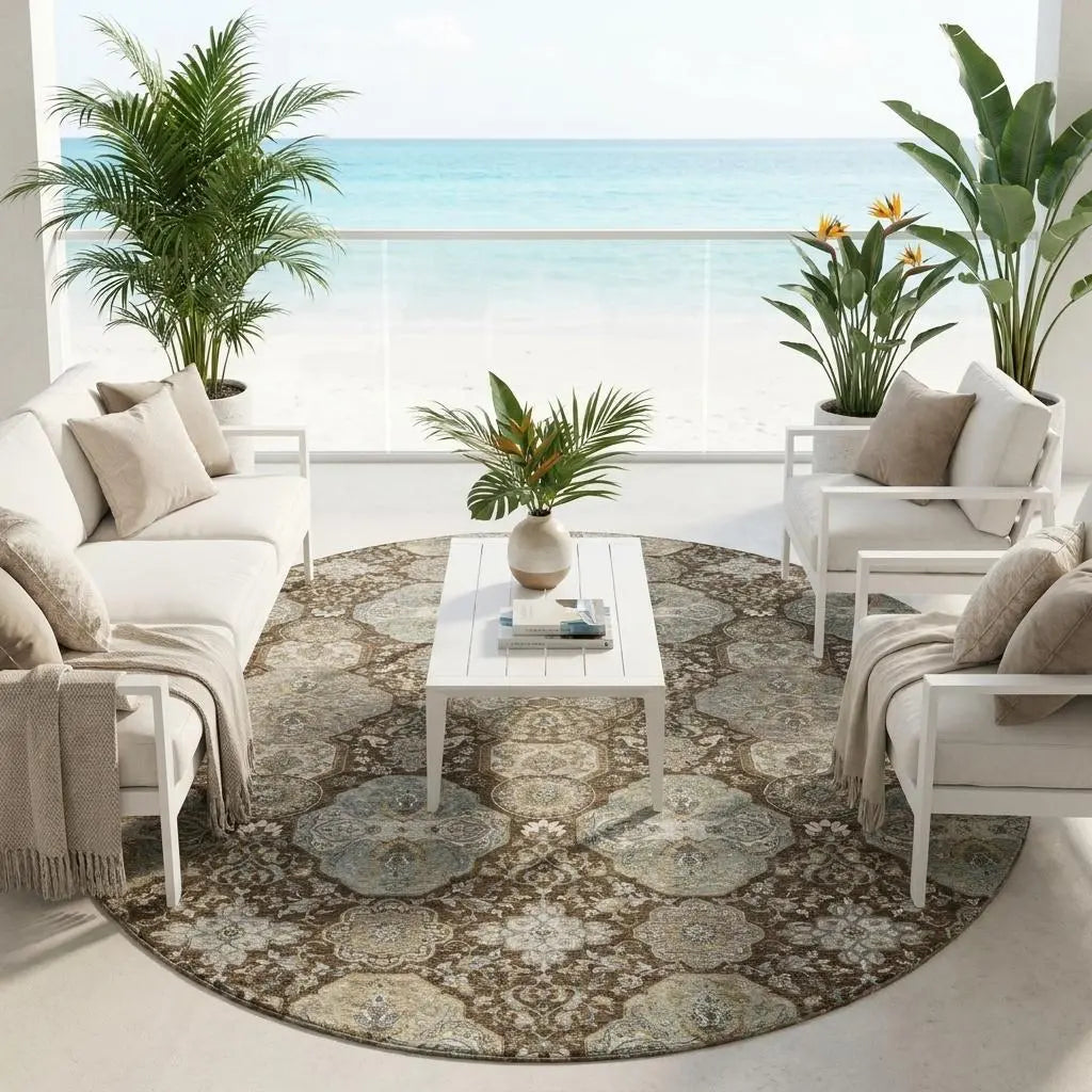 8' Chocolate And Brown Round Floral Washable Indoor Outdoor Area Rug Homeroots Outdoor