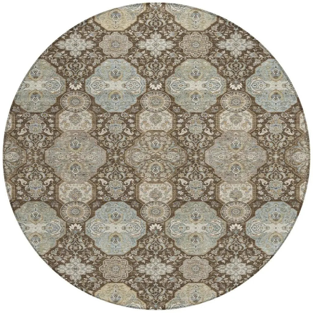 8' Chocolate And Brown Round Floral Washable Indoor Outdoor Area Rug Homeroots Outdoor