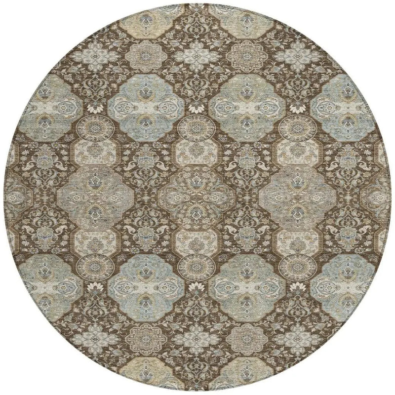 8' Chocolate And Brown Round Floral Washable Indoor Outdoor Area Rug Homeroots Outdoor