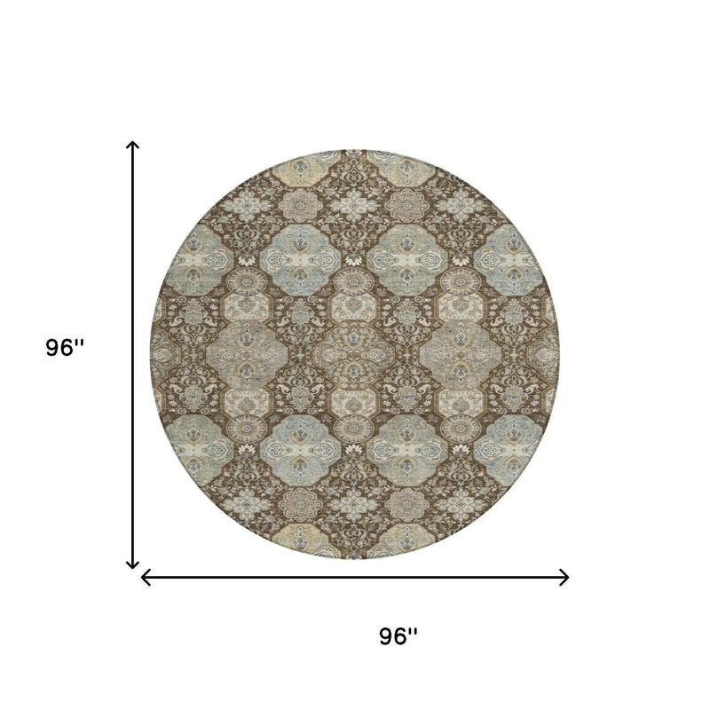 8' Chocolate And Brown Round Floral Washable Indoor Outdoor Area Rug Homeroots Outdoor