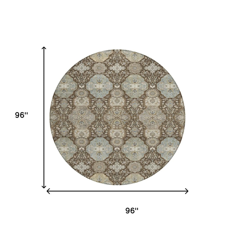 8' Chocolate And Brown Round Floral Washable Indoor Outdoor Area Rug Homeroots Outdoor