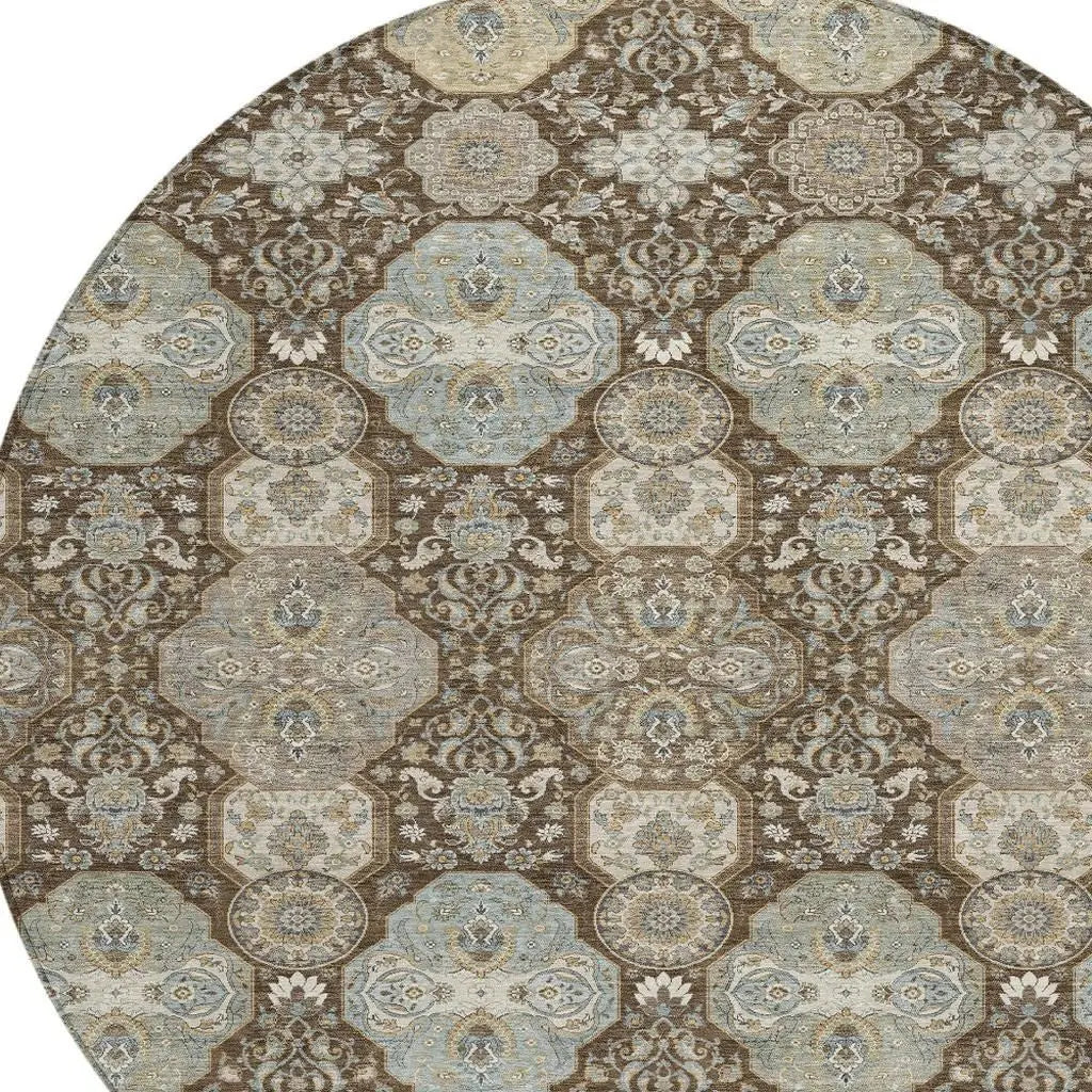 8' Chocolate And Brown Round Floral Washable Indoor Outdoor Area Rug Homeroots Outdoor