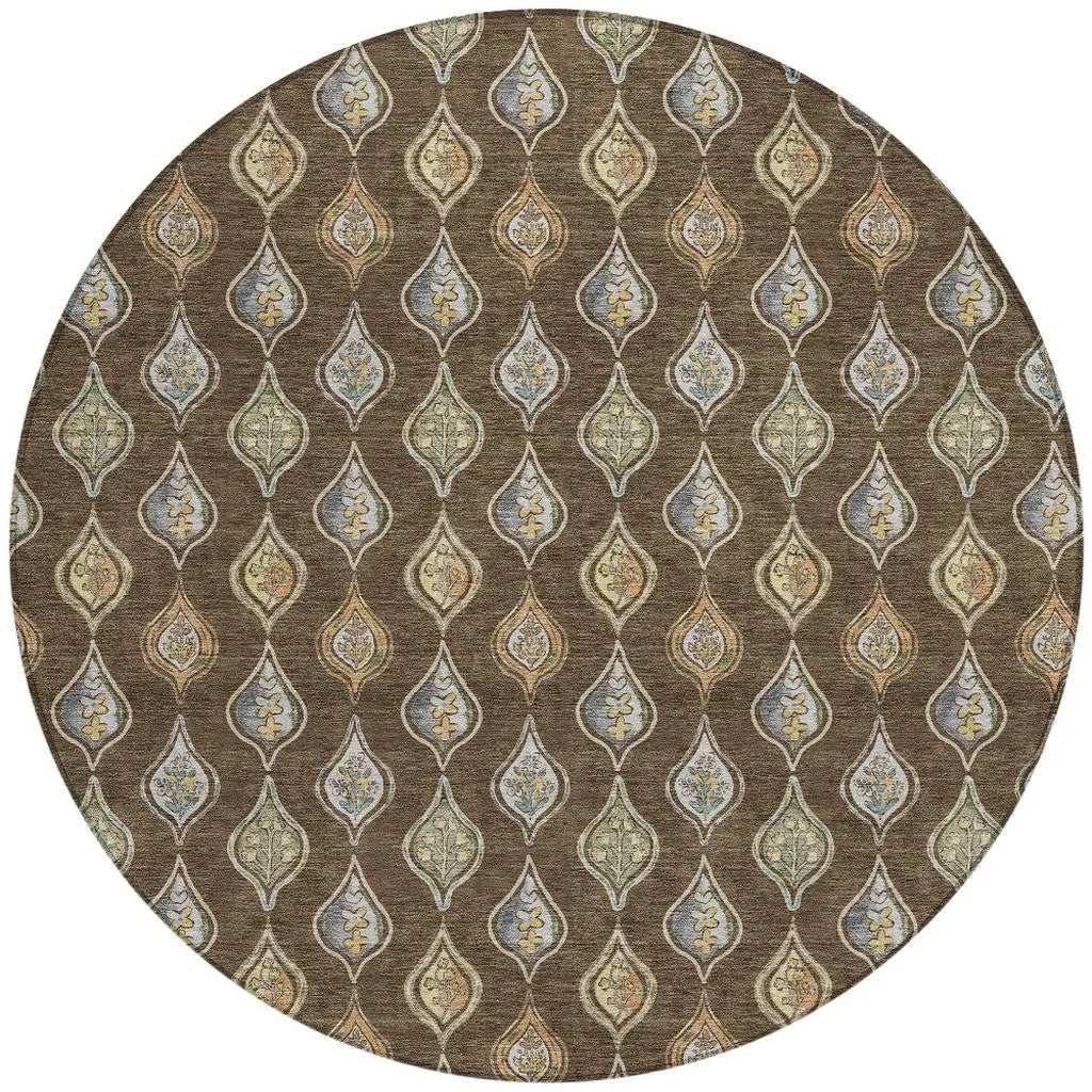 8' Chocolate And Brown Round Floral Washable Indoor Outdoor Area Rug Homeroots Outdoor