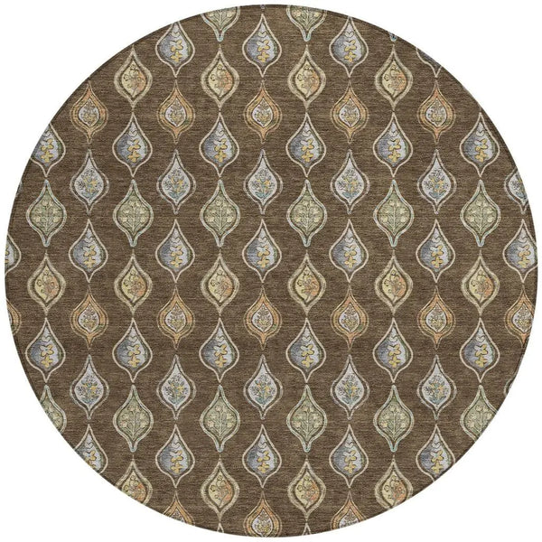 8' Chocolate And Brown Round Floral Washable Indoor Outdoor Area Rug Homeroots Outdoor