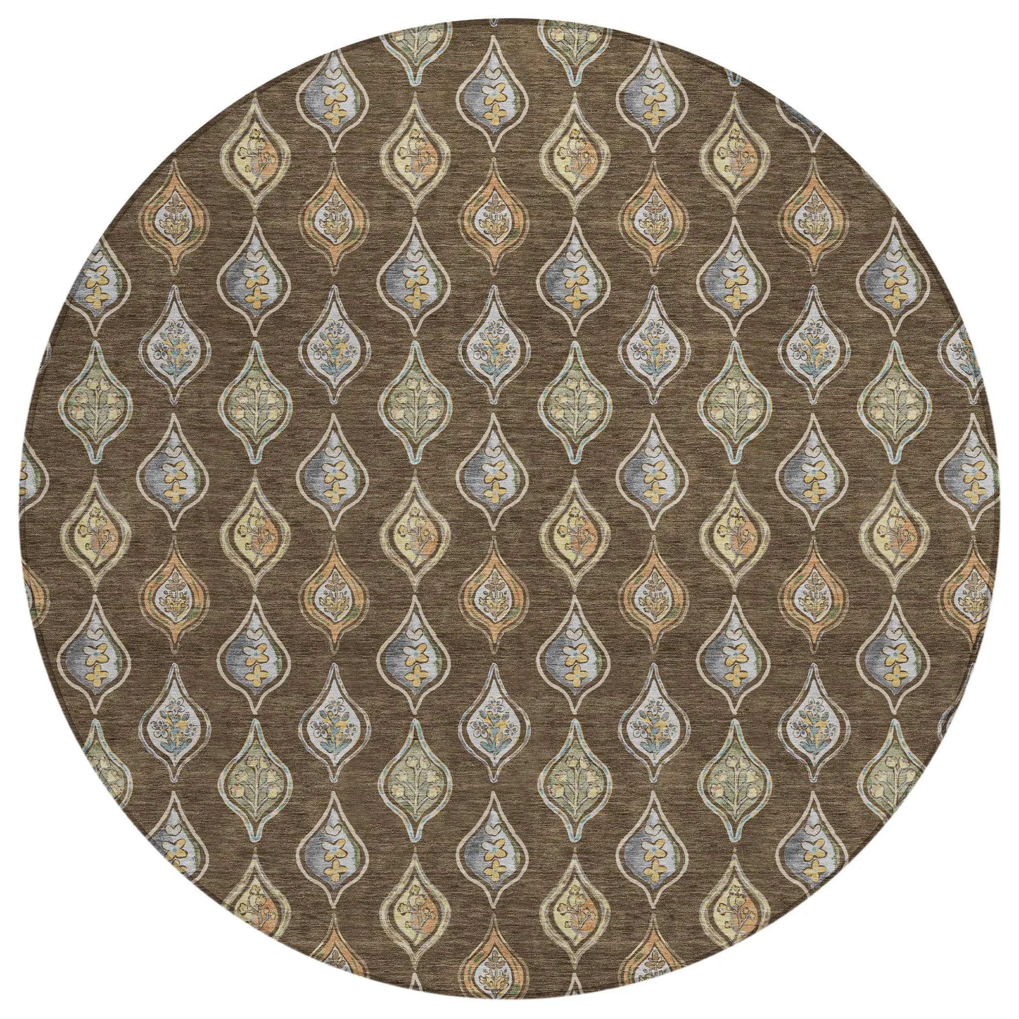 8' Chocolate And Brown Round Floral Washable Indoor Outdoor Area Rug Homeroots Outdoor