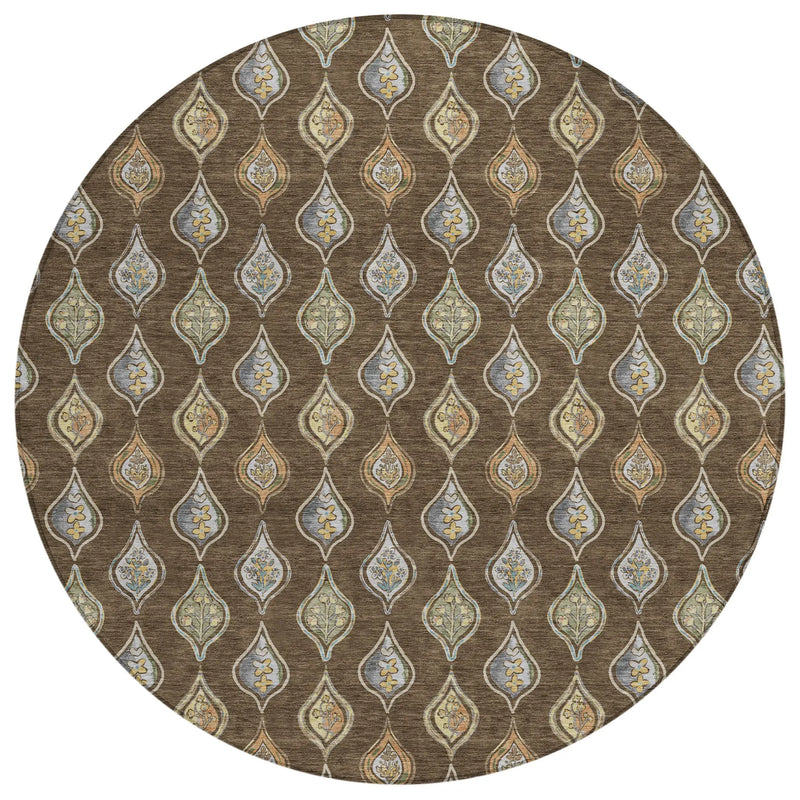 8' Chocolate And Brown Round Floral Washable Indoor Outdoor Area Rug Homeroots Outdoor