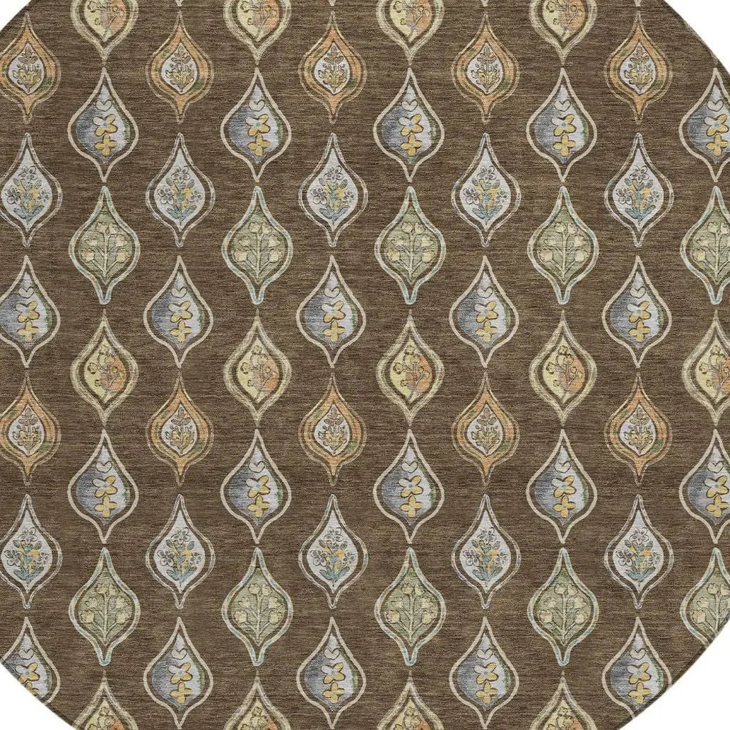 8' Chocolate And Brown Round Floral Washable Indoor Outdoor Area Rug Homeroots Outdoor
