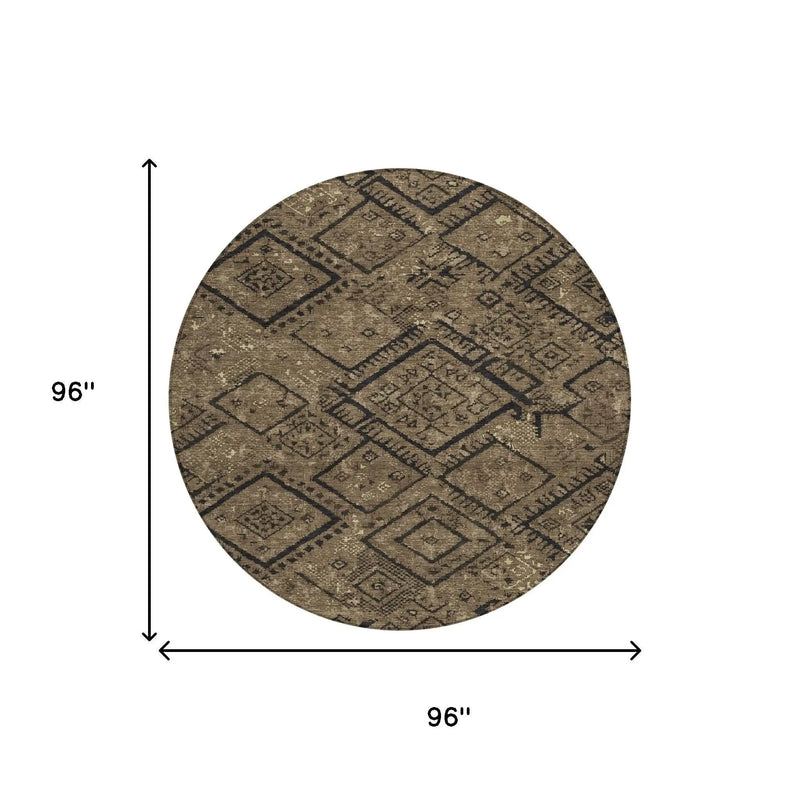 8' Chocolate And Brown Round Geometric Washable Indoor Outdoor Area Rug Homeroots Outdoor