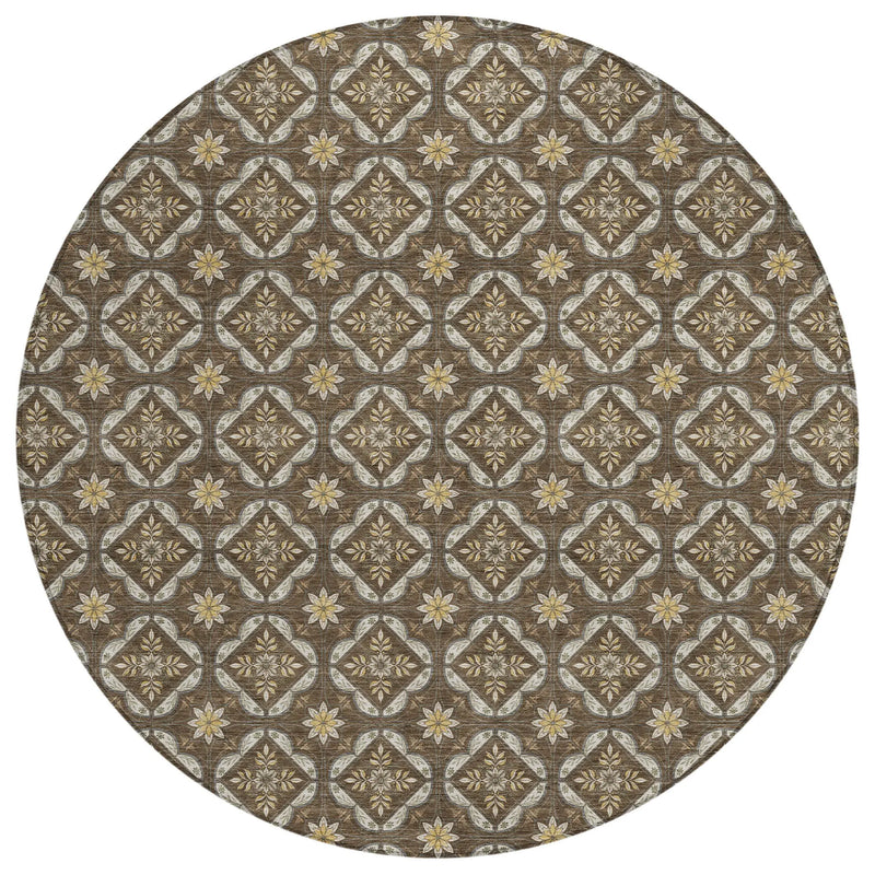 8' Chocolate And Brown Round Geometric Washable Indoor Outdoor Area Rug Homeroots Outdoor