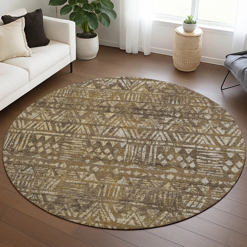 8' Chocolate And Brown Round Geometric Washable Indoor Outdoor Area Rug Homeroots Outdoor
